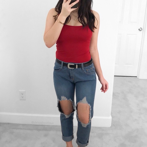 denim blue cutout ripped boyfriend jeans - Picture 2 of 5